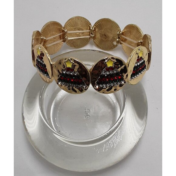 Rhinestone Christmas Tree Bracelet Gold Tone Stretch New - Picture 3 of 3